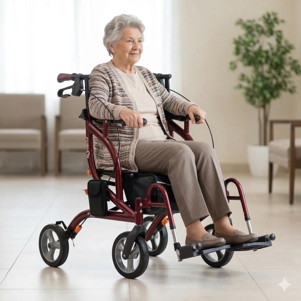 Woman seated in a Cranberry Airgo Fusion F18 transport chair indoors